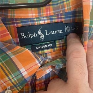 Ralph Lauren Men's Orange and Blue Plaid Shirt polo